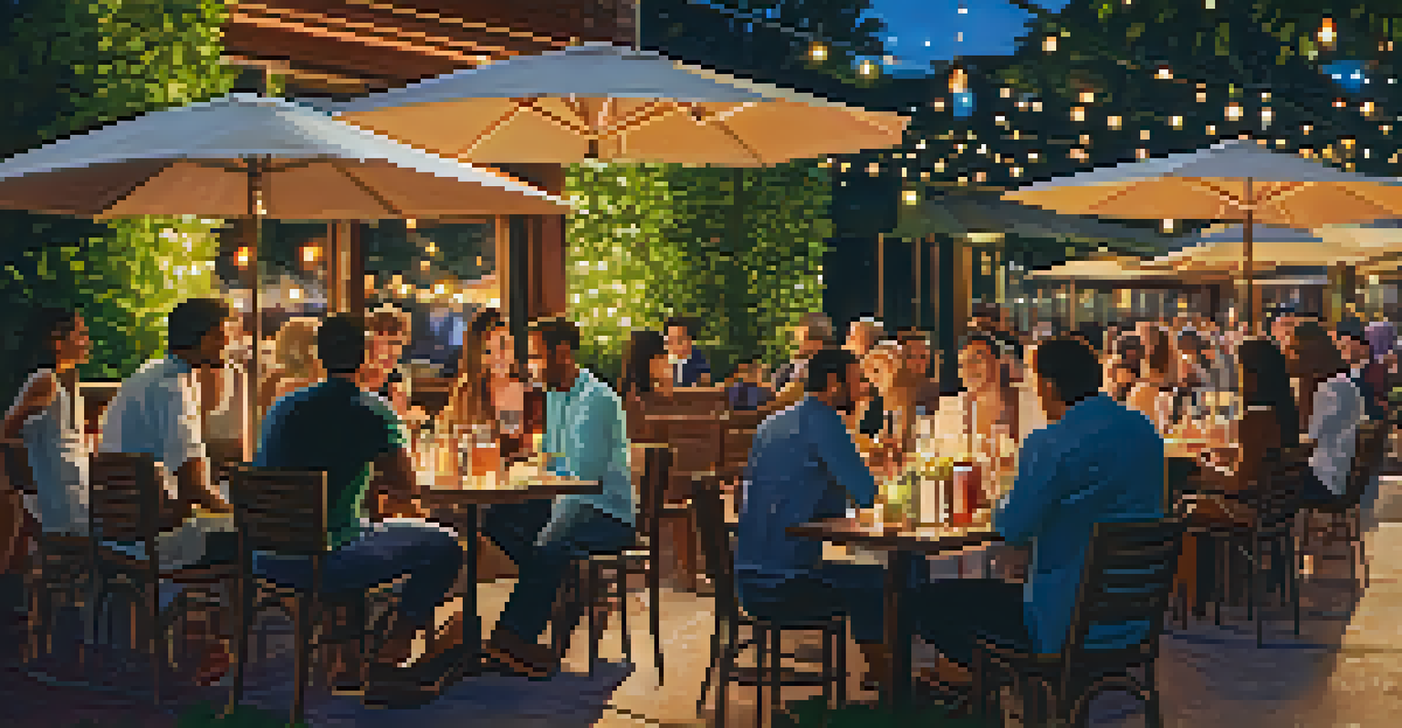 An outdoor patio at Gossip Grill in San Diego, with guests enjoying cocktails under fairy lights, creating a cozy and festive atmosphere.