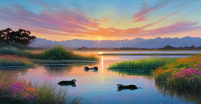 A coastal wetland in San Diego at sunset, with sea otters floating in the water and colorful flowers on the shore.