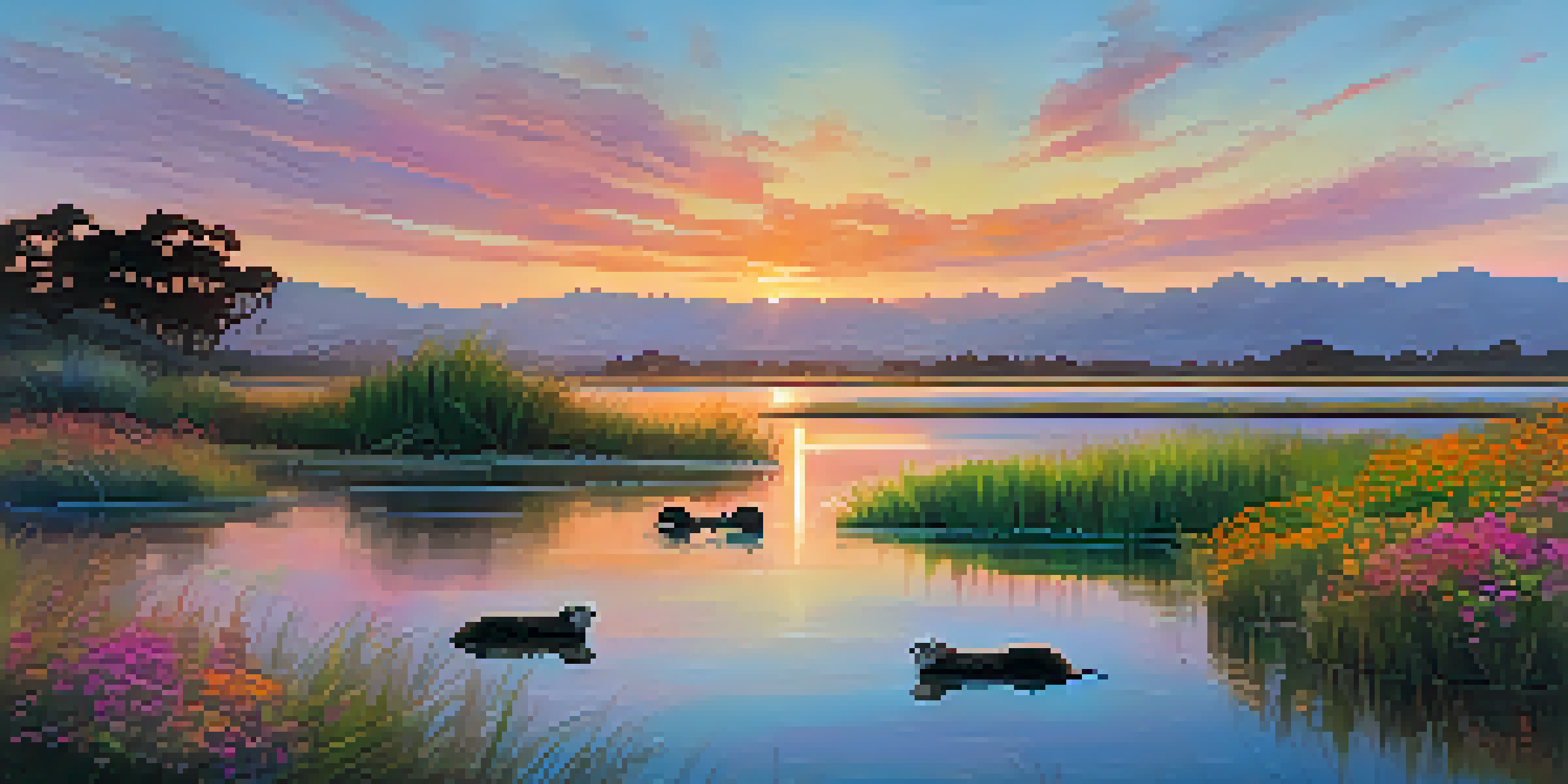 A coastal wetland in San Diego at sunset, with sea otters floating in the water and colorful flowers on the shore.