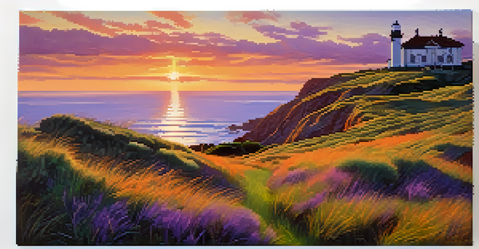 A sunset view of Cabrillo National Monument with a silhouetted lighthouse and visitors exploring the area.