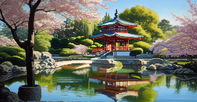 A tranquil Japanese Friendship Garden featuring a pond with cherry blossom trees and a traditional tea house, illuminated by soft sunlight.