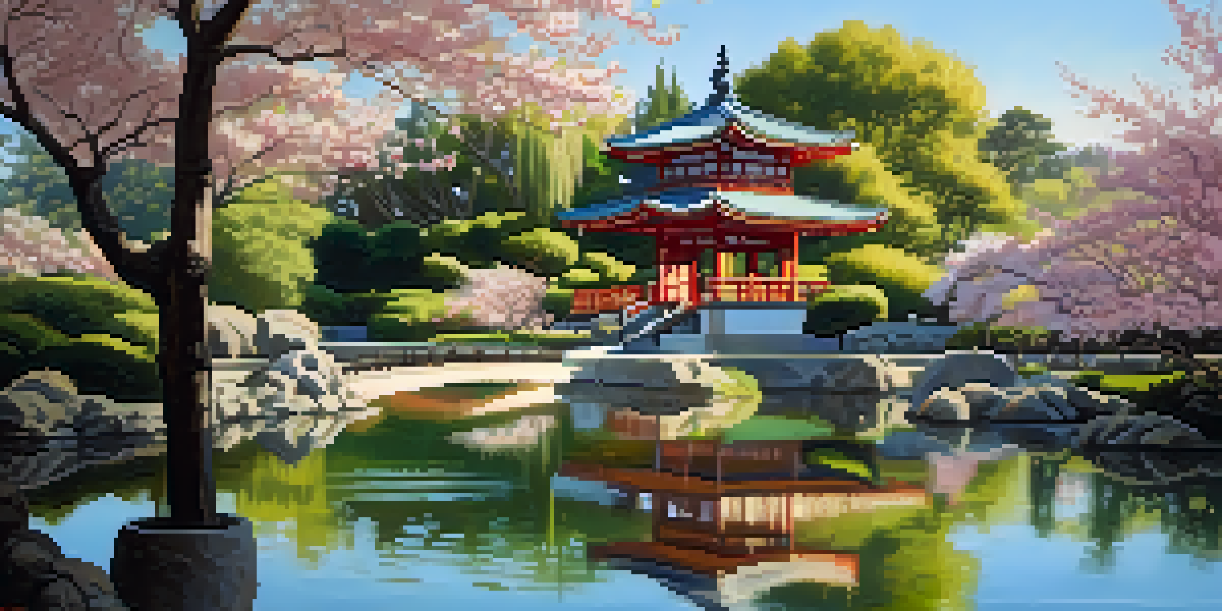 A tranquil Japanese Friendship Garden featuring a pond with cherry blossom trees and a traditional tea house, illuminated by soft sunlight.