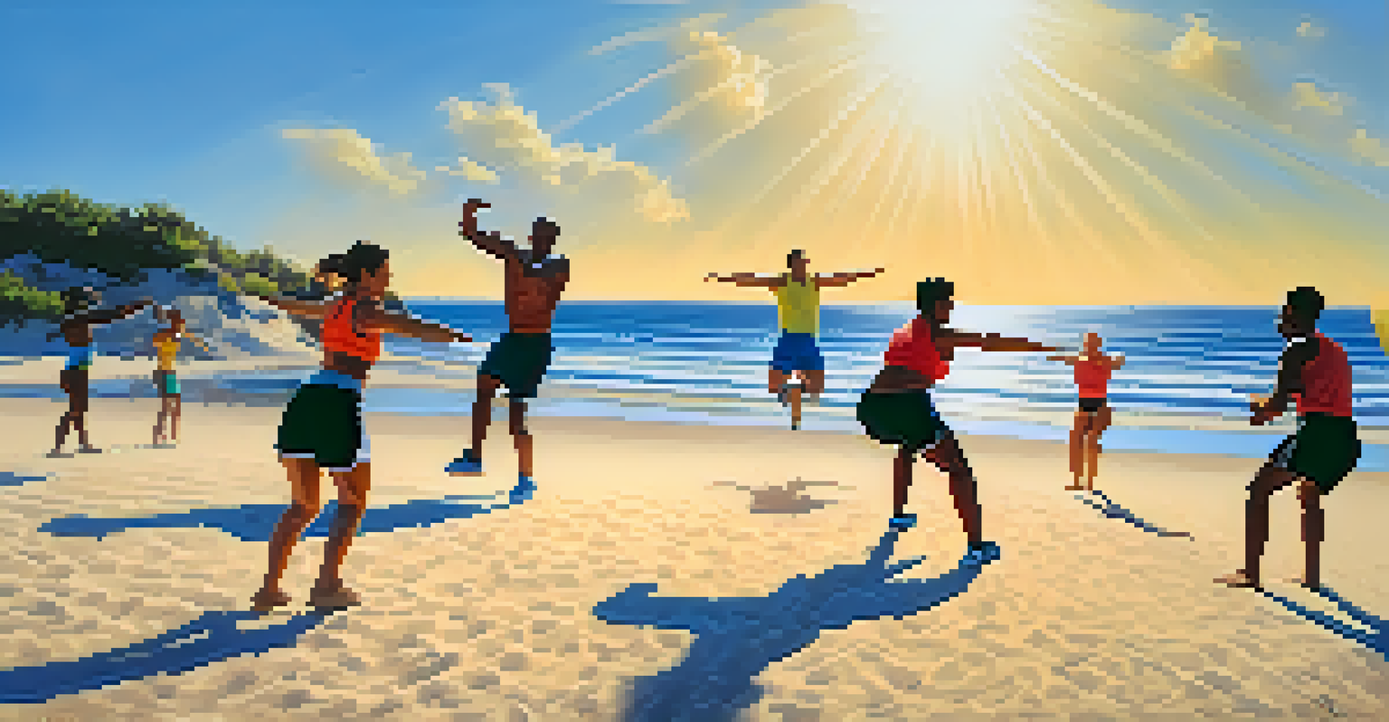 A fitness boot camp on the beach with participants doing high-intensity exercises under the sun, surrounded by the ocean.