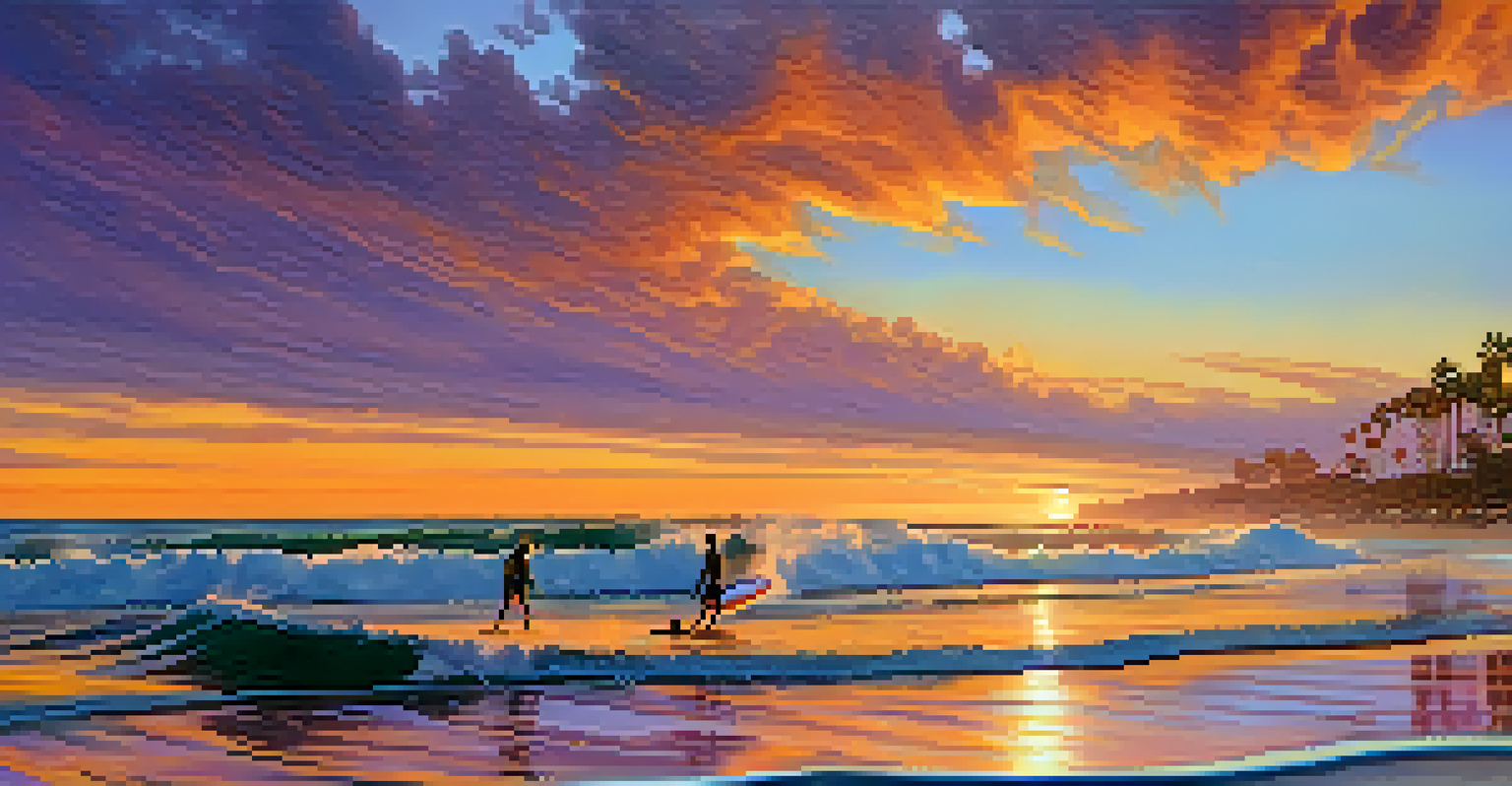 Surfers catching waves at sunset on a San Diego beach, with colorful skies and ocean waves.