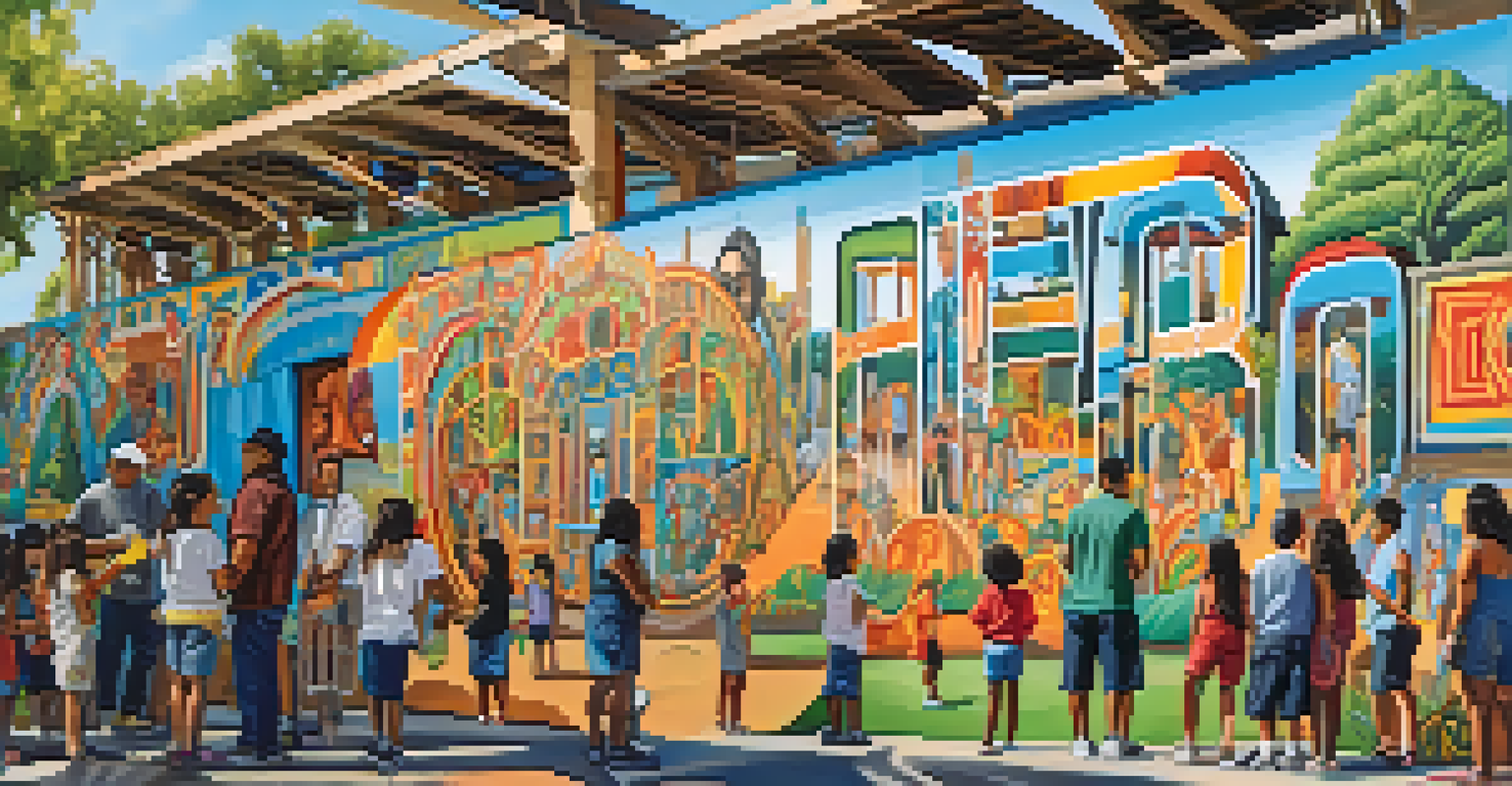 A colorful mural in Chicano Park with artists at work and families enjoying the park, showcasing Chicano culture.