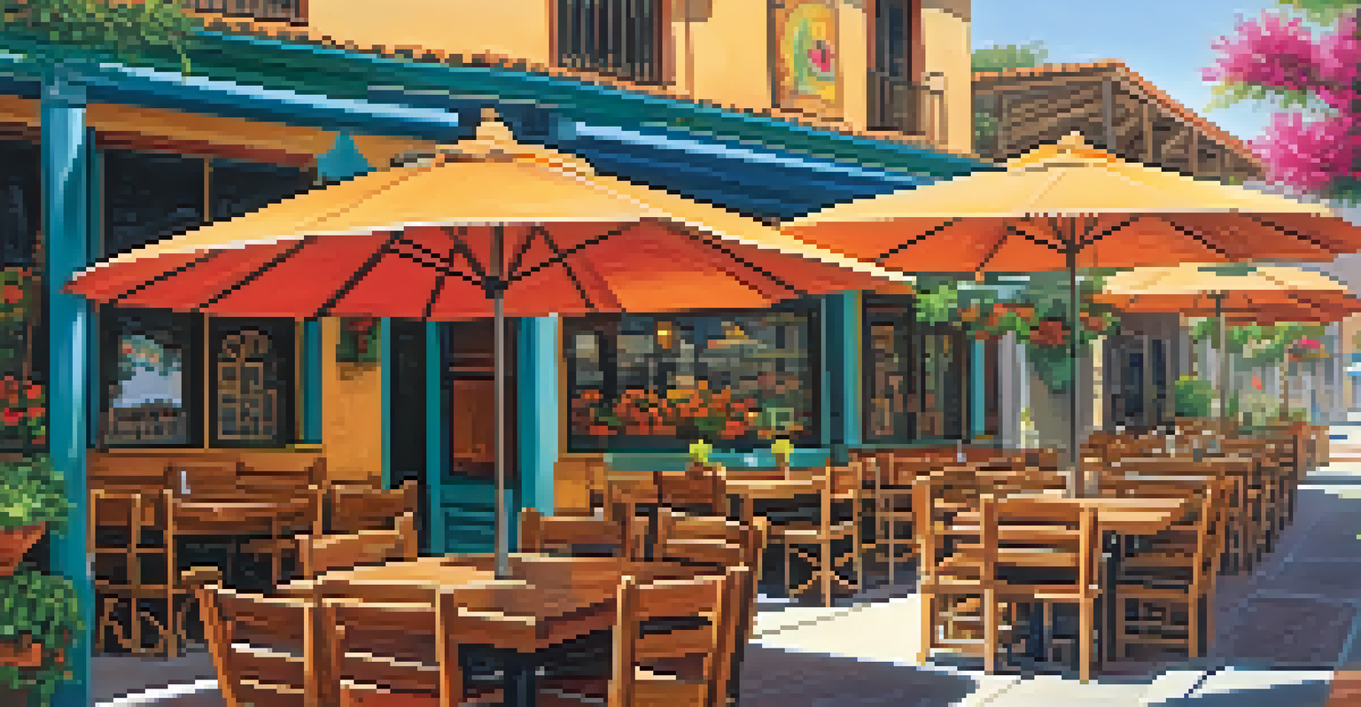 Outdoor dining area of a Mexican restaurant in Old Town with colorful dishes and flowers.