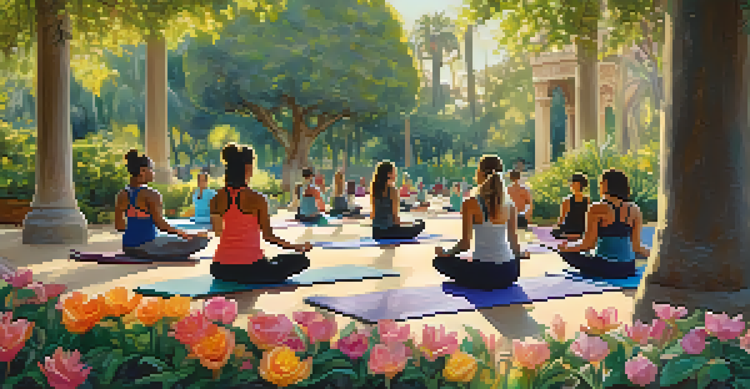 Participants practicing yoga in a lush garden at Balboa Park, San Diego, with sunlight filtering through the trees.