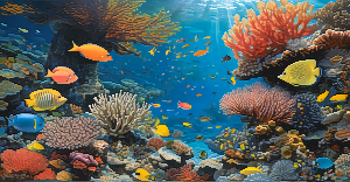 A colorful coral reef filled with various fish and corals, illuminated by sunlight in clear blue water.