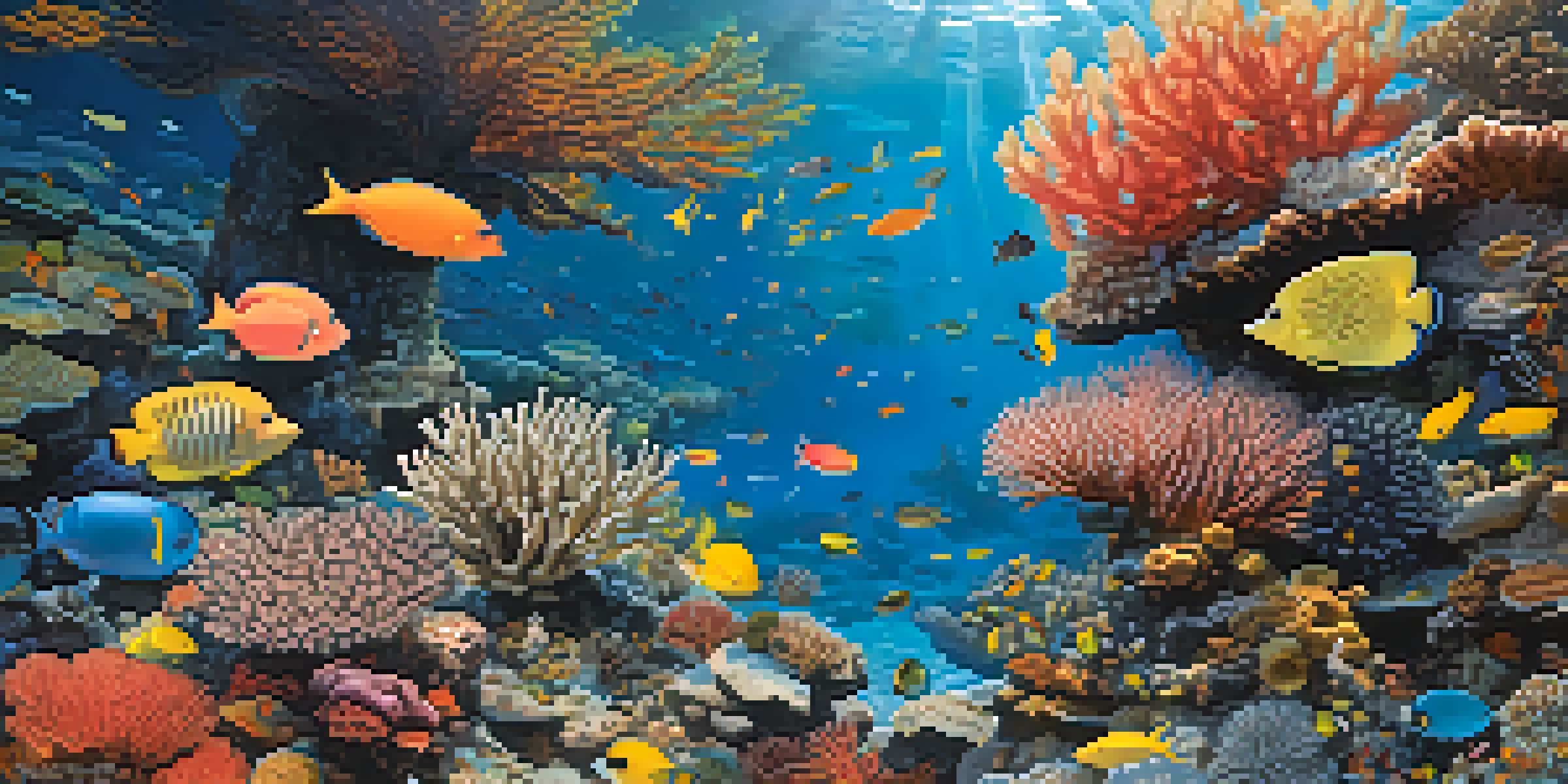 A colorful coral reef filled with various fish and corals, illuminated by sunlight in clear blue water.