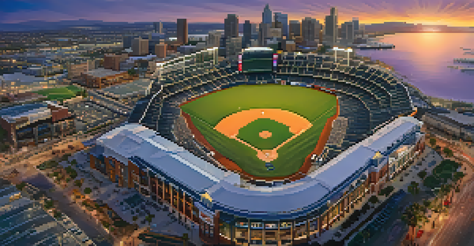 An aerial view of Petco Park filled with fans, the San Diego Bay in the background, and a vibrant sunset casting a warm glow.