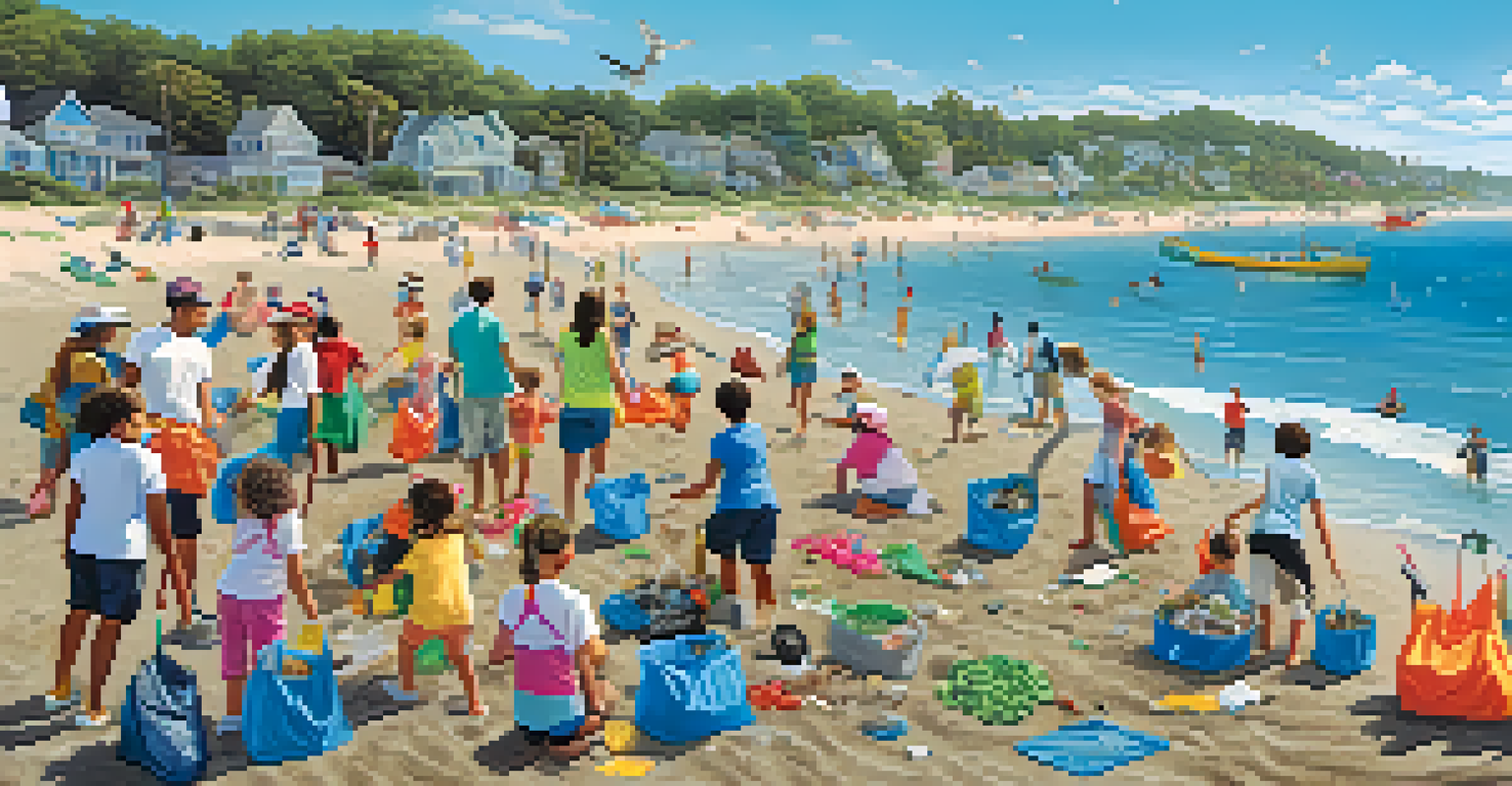 A beach clean-up event with families and children collecting trash on a sunny beach.