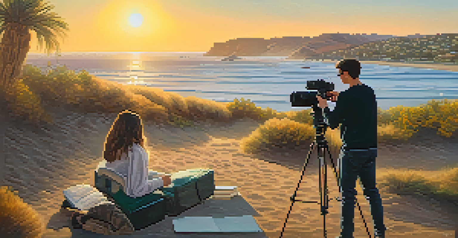A student director filming a scene outdoors in San Diego, with the coastline and sunset in the background.