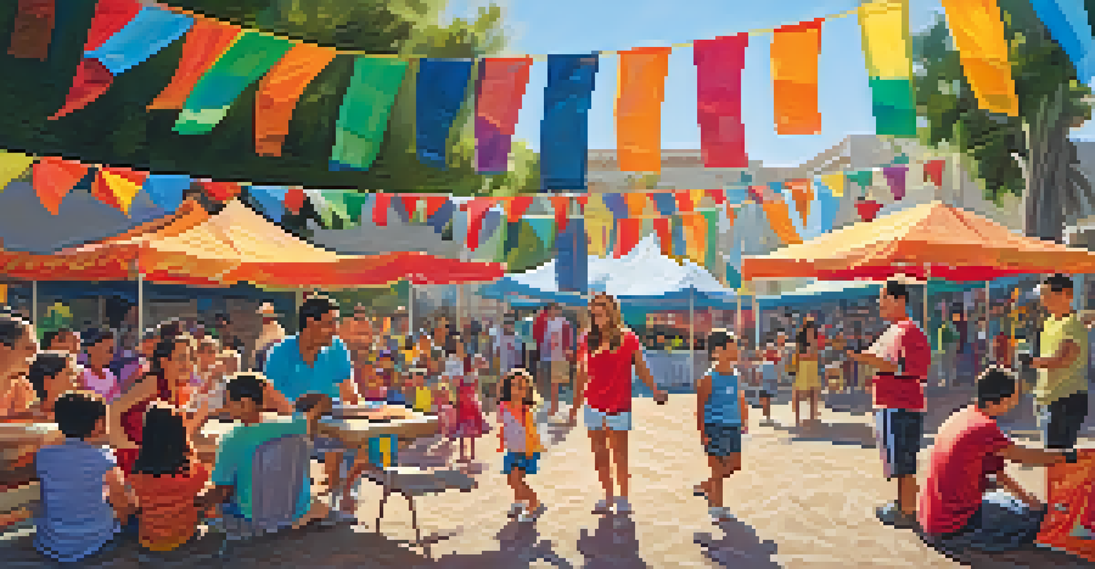 A happy family at a San Diego fiesta, surrounded by children playing and colorful decorations.