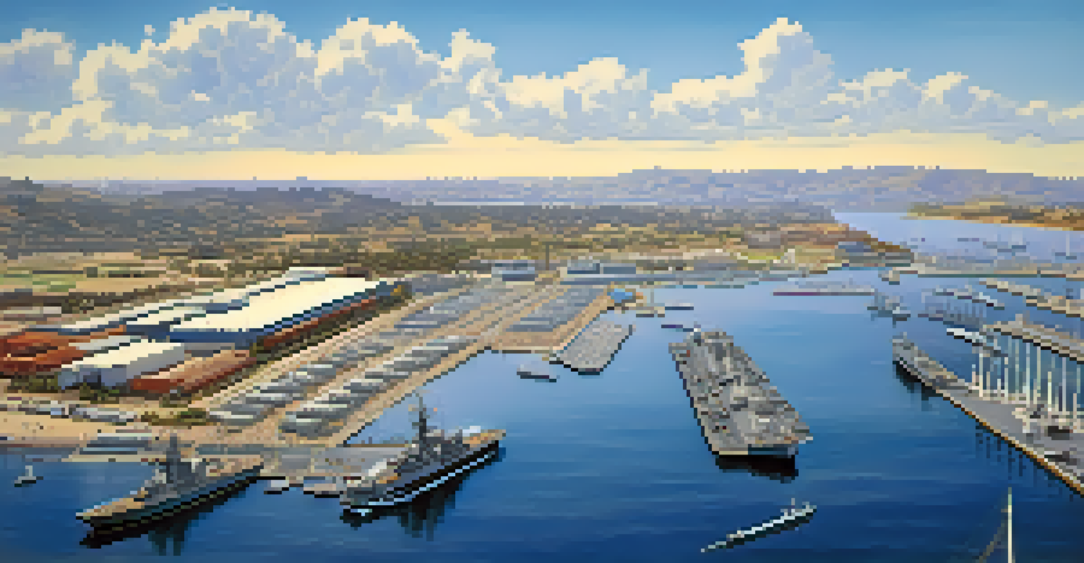 An aerial view of Naval Base San Diego showing ships, submarines, and sailors preparing for deployment.