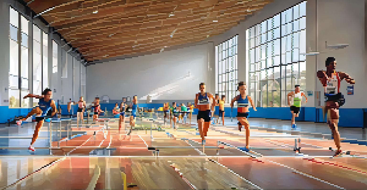 Young athletes training at a modern sports facility, engaged in track and field, gymnastics, and rowing.