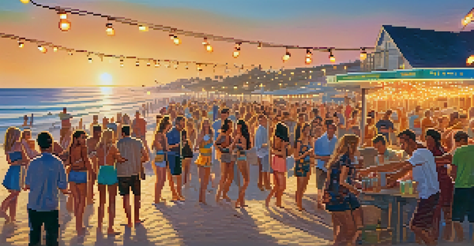 A lively beach party scene at Pacific Beach with people dancing and enjoying the sunset.
