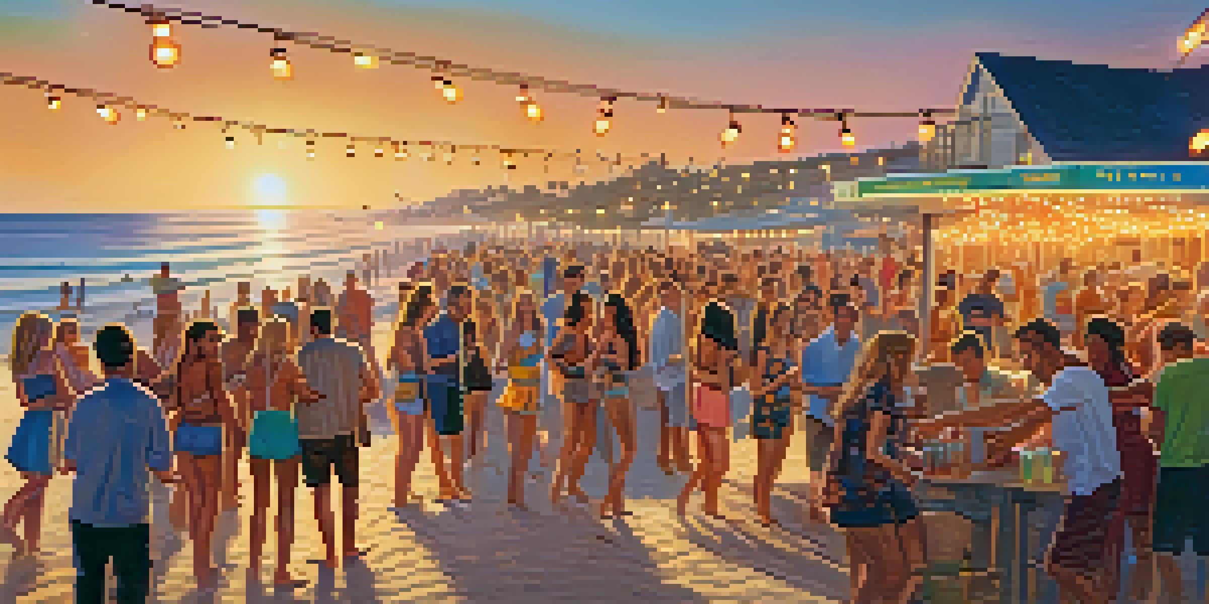 A lively beach party scene at Pacific Beach with people dancing and enjoying the sunset.