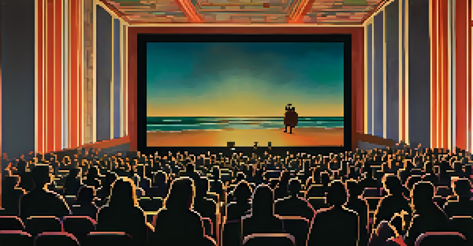 An artistic perspective of a film screening at the San Diego International Film Festival, showing silhouettes of viewers in front of a brightly lit screen.