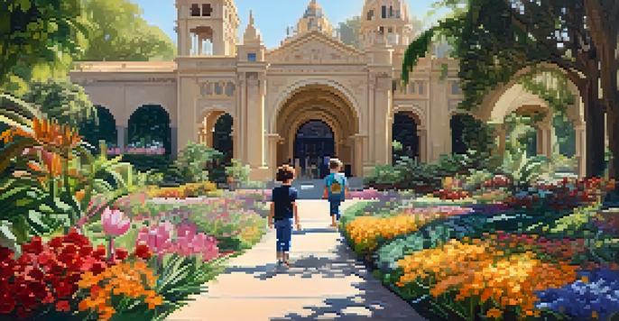 A colorful scene in Balboa Park featuring the Botanical Building with families walking among blooming flowers and butterflies in sunlight.