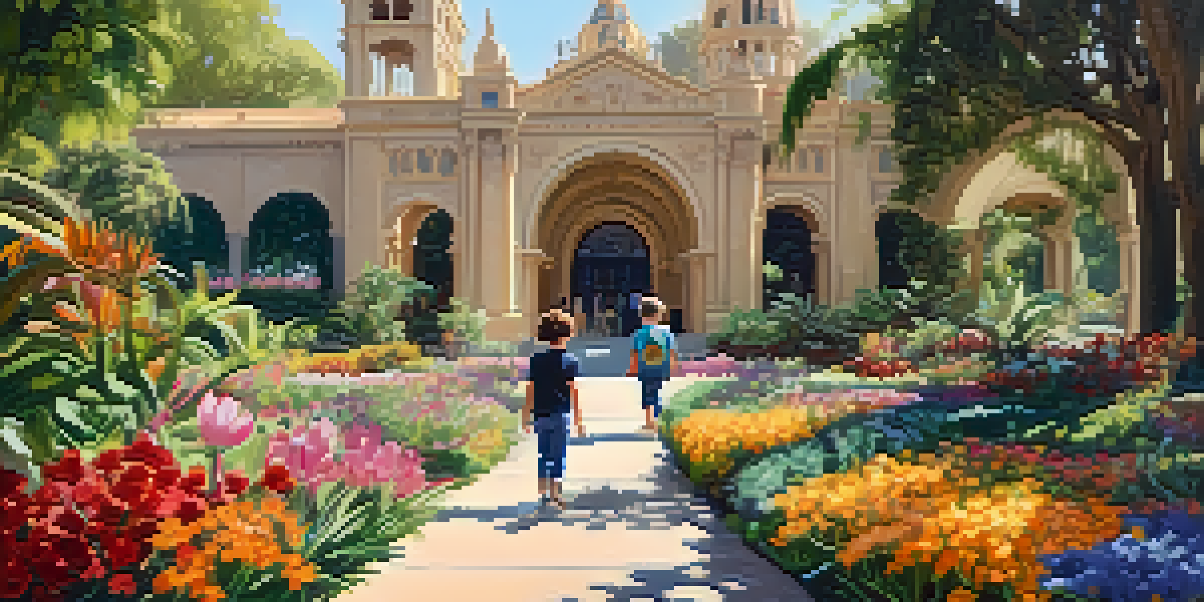 A colorful scene in Balboa Park featuring the Botanical Building with families walking among blooming flowers and butterflies in sunlight.
