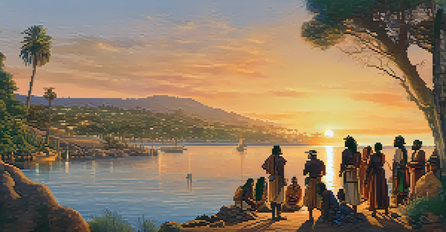 Cabrillo and his crew engaging with Kumeyaay people at San Diego Bay during sunset, highlighting cultural exchange.