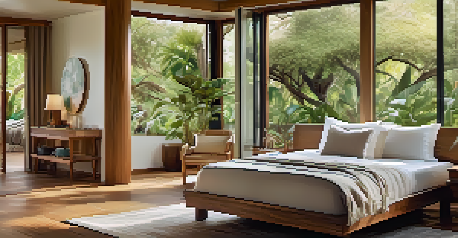 An eco-friendly hotel room featuring natural wood furniture and organic bedding, with large windows overlooking a garden, bathed in soft morning light.