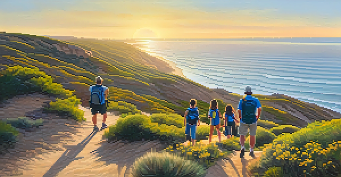A family enjoying a hike with ocean views and sandstone formations in the background during sunset.