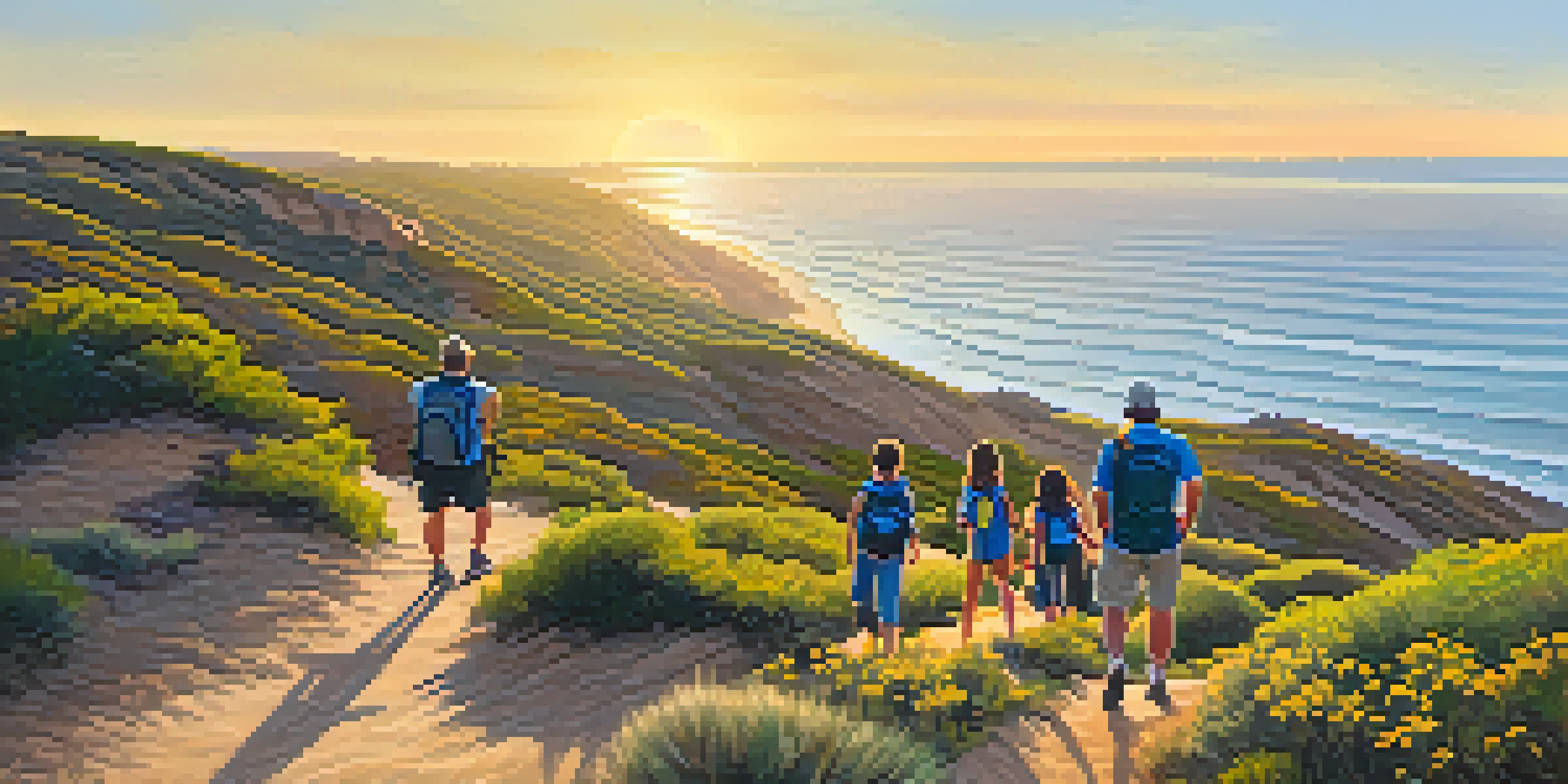 A family enjoying a hike with ocean views and sandstone formations in the background during sunset.