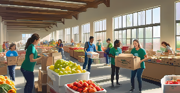 Volunteers working together in a food bank, sorting and packing food items with sunlight streaming in.