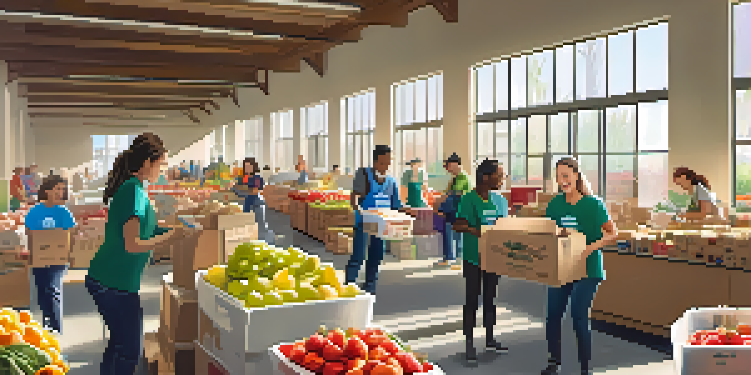 Volunteers working together in a food bank, sorting and packing food items with sunlight streaming in.
