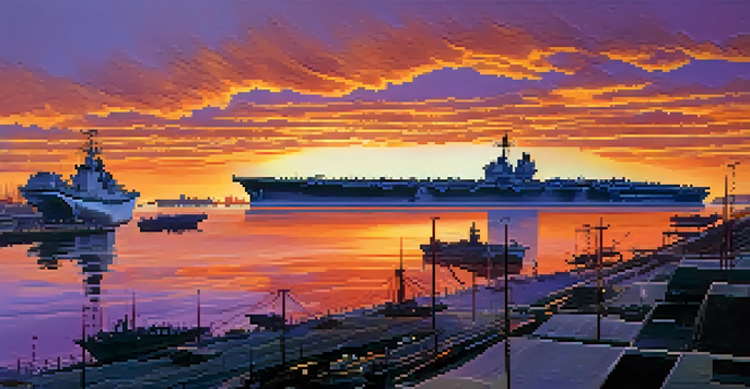 A sunset view of Naval Base San Diego with ships and personnel, reflecting vibrant colors in the water.