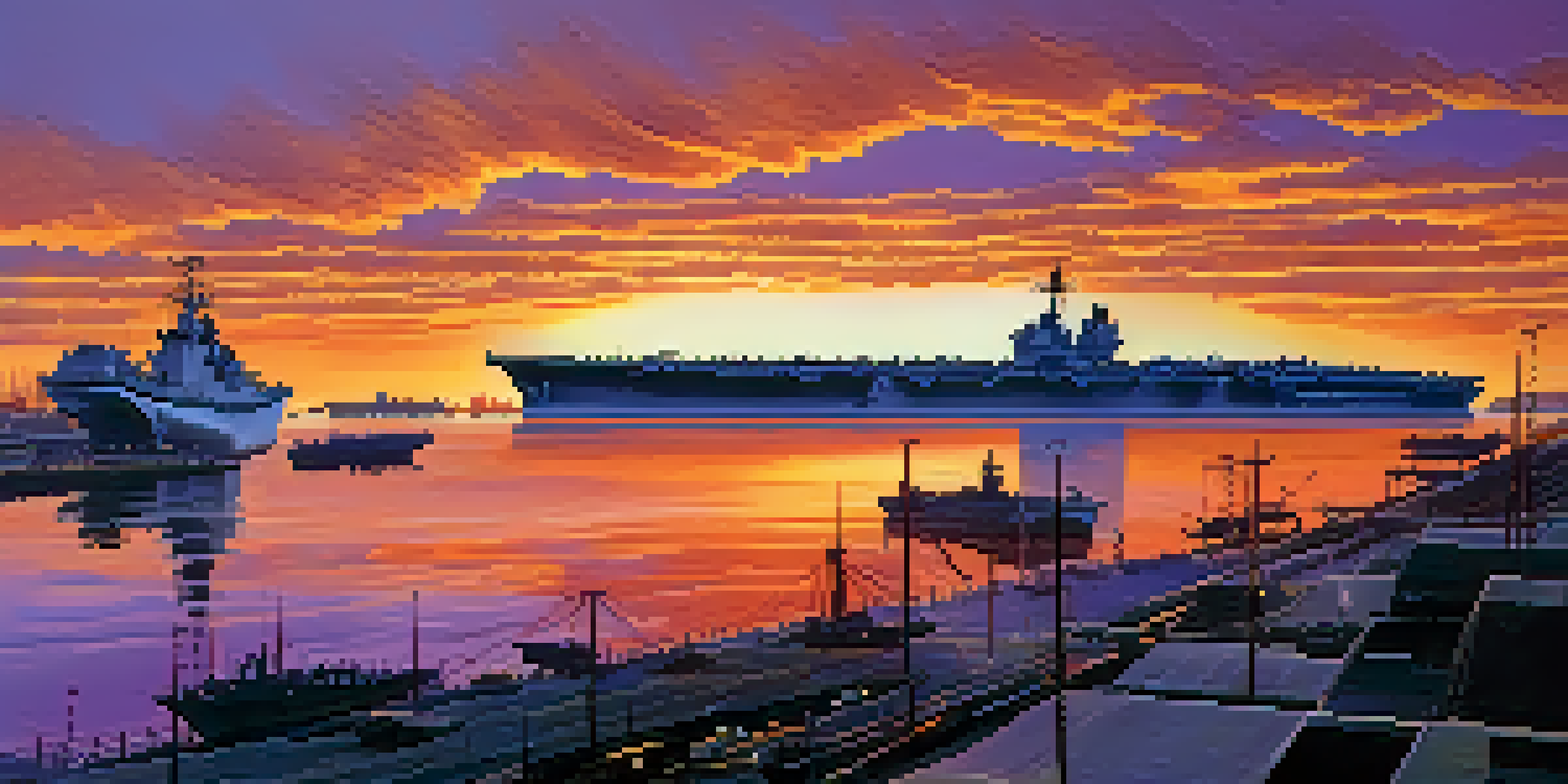 A sunset view of Naval Base San Diego with ships and personnel, reflecting vibrant colors in the water.