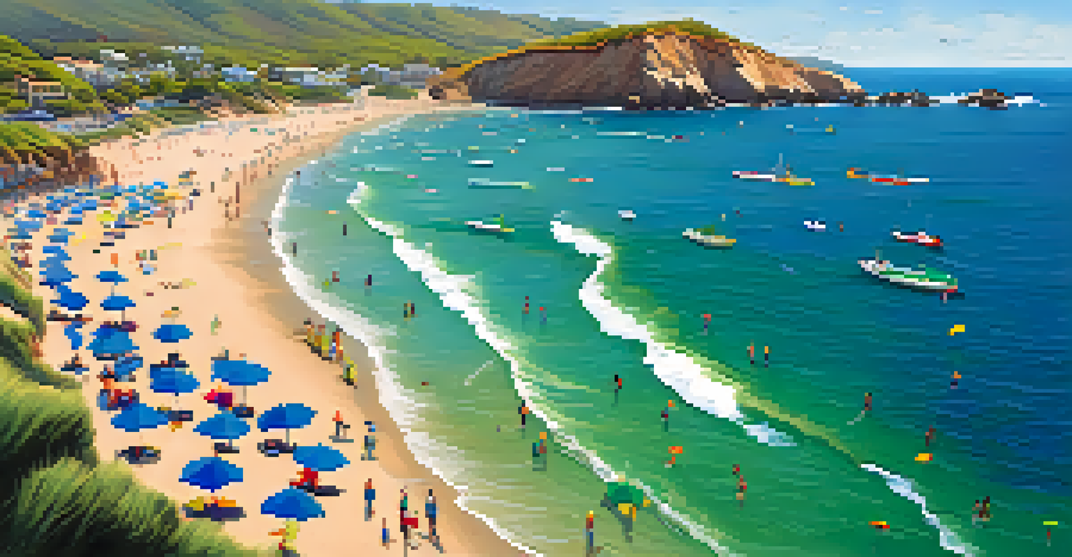An aerial view of a clean San Diego beach with volunteers picking up litter, surrounded by green cliffs and deep blue ocean.