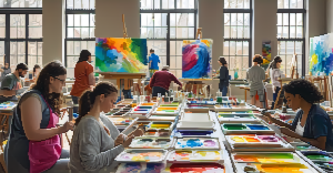 A lively community art workshop with diverse participants painting on canvases in a bright room filled with natural light.
