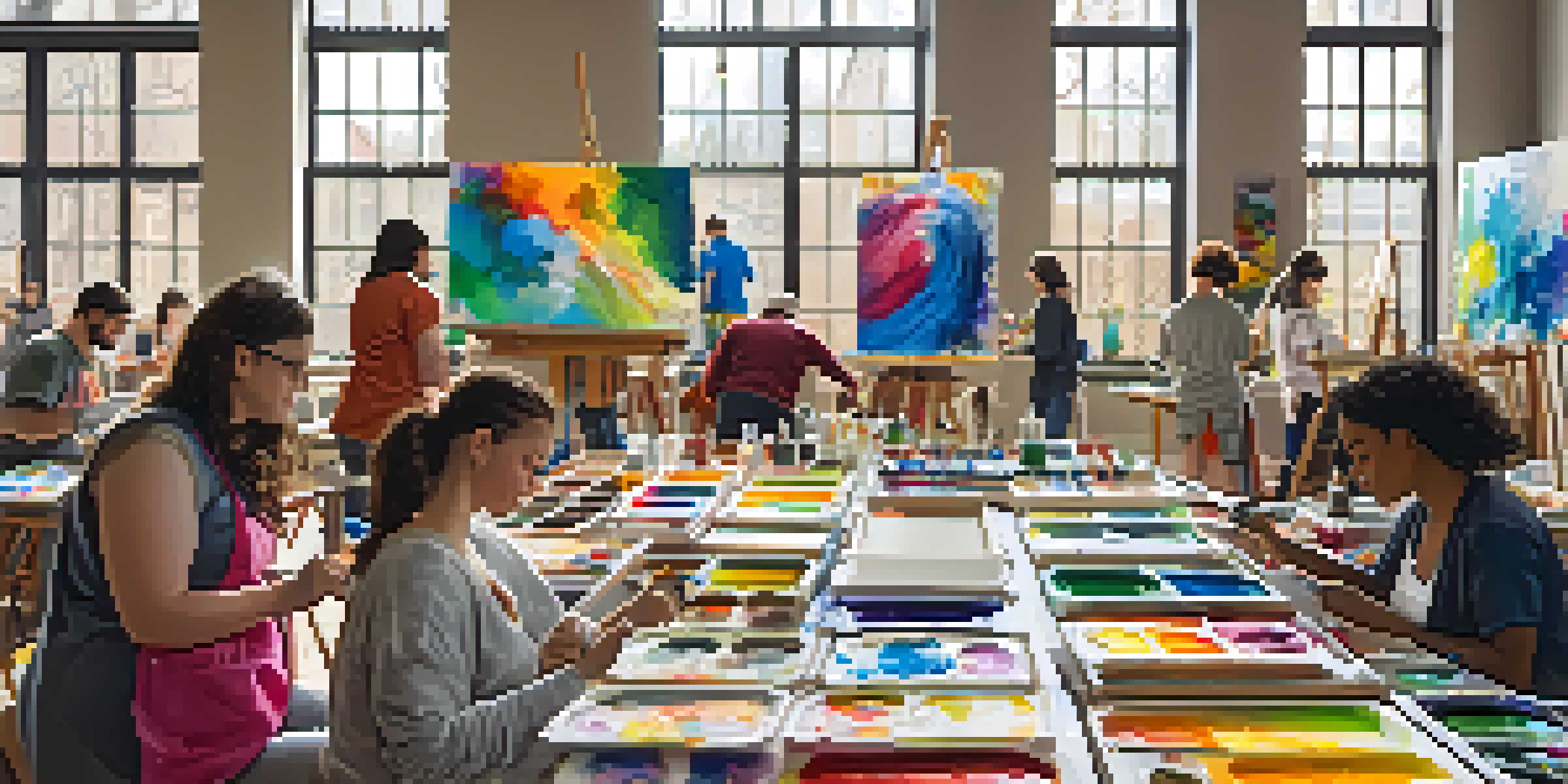 A lively community art workshop with diverse participants painting on canvases in a bright room filled with natural light.