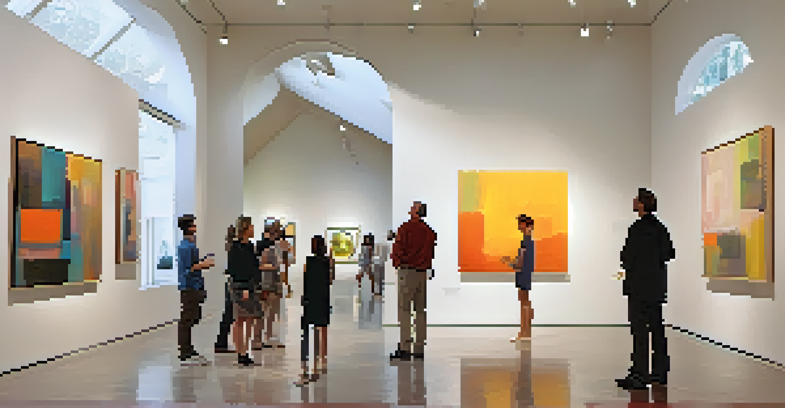 An art gallery filled with contemporary artworks, featuring visitors admiring the pieces under natural light.