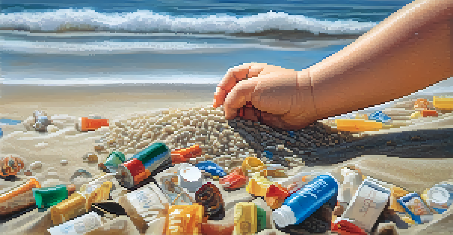 A child's hands picking up litter on a beach, with soft sand and plastic waste, against a backdrop of ocean waves and a golden sunset.