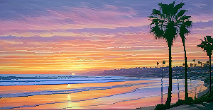 A beautiful sunset over the San Diego coastline with palm tree silhouettes and colorful sky.