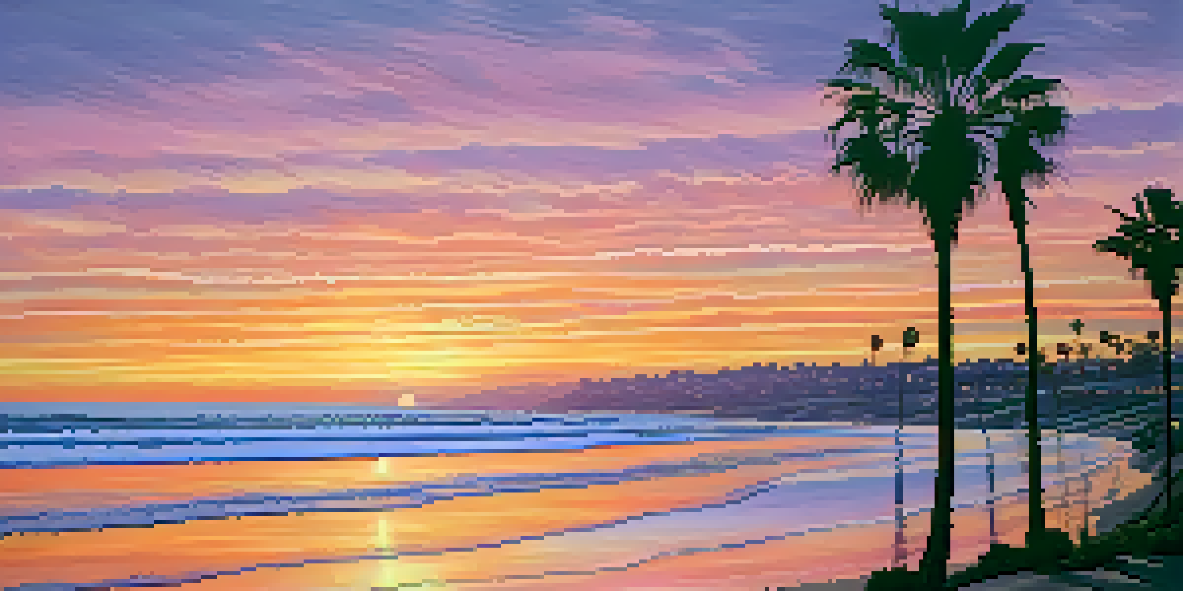 A beautiful sunset over the San Diego coastline with palm tree silhouettes and colorful sky.