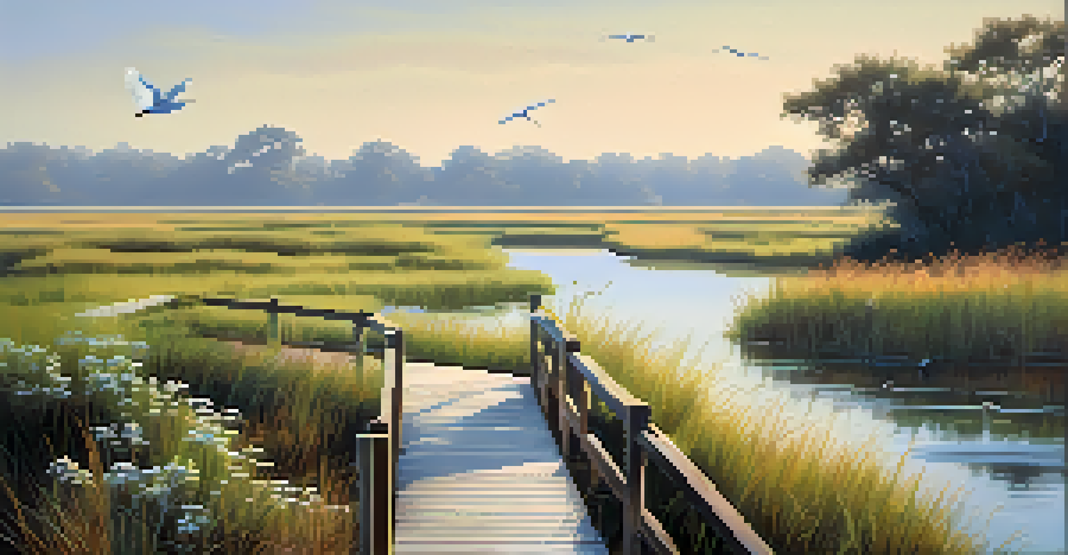 A calm view of Sweetwater Marsh Wildlife Refuge with various birds and lush vegetation.