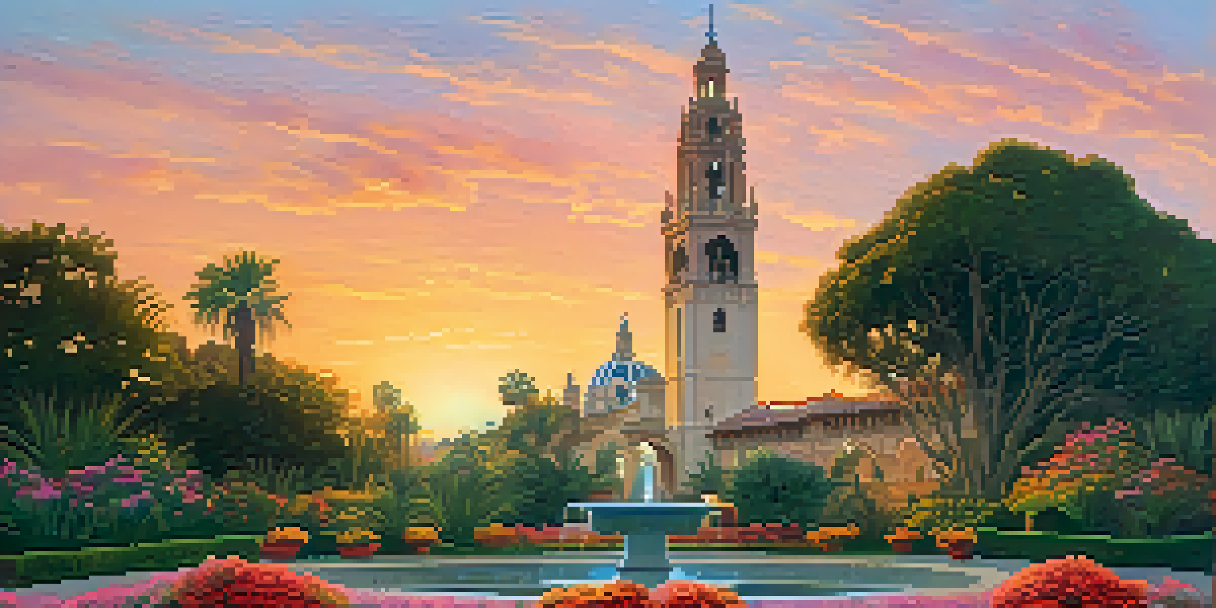 A panoramic view of Balboa Park featuring the California Tower and vibrant gardens during sunset.