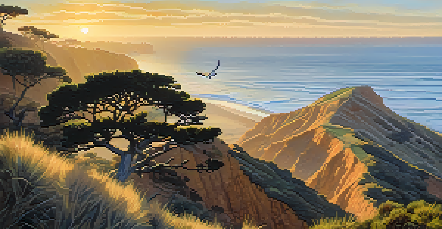 A beautiful view of Torrey Pines with pine trees and a peregrine falcon flying against a sunset backdrop.