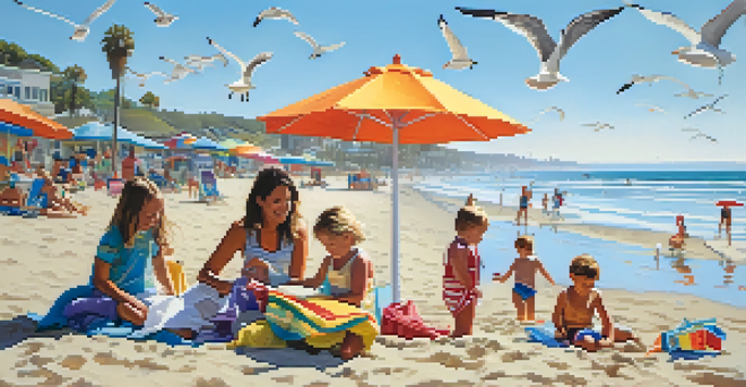 Families enjoying a sunny day at the beach, with children building sandcastles and parents relaxing on towels under umbrellas.