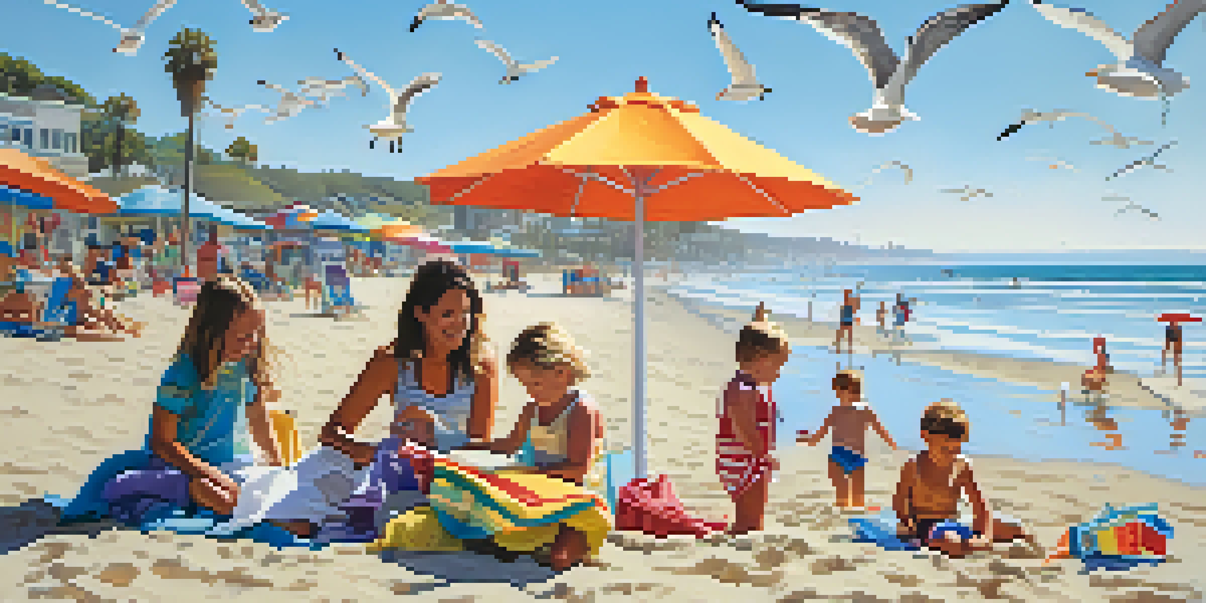 Families enjoying a sunny day at the beach, with children building sandcastles and parents relaxing on towels under umbrellas.