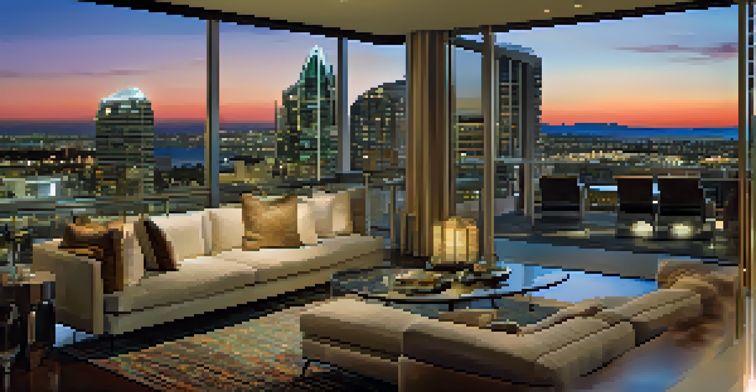 Interior view of a luxury condominium in Downtown San Diego with skyline views at night.