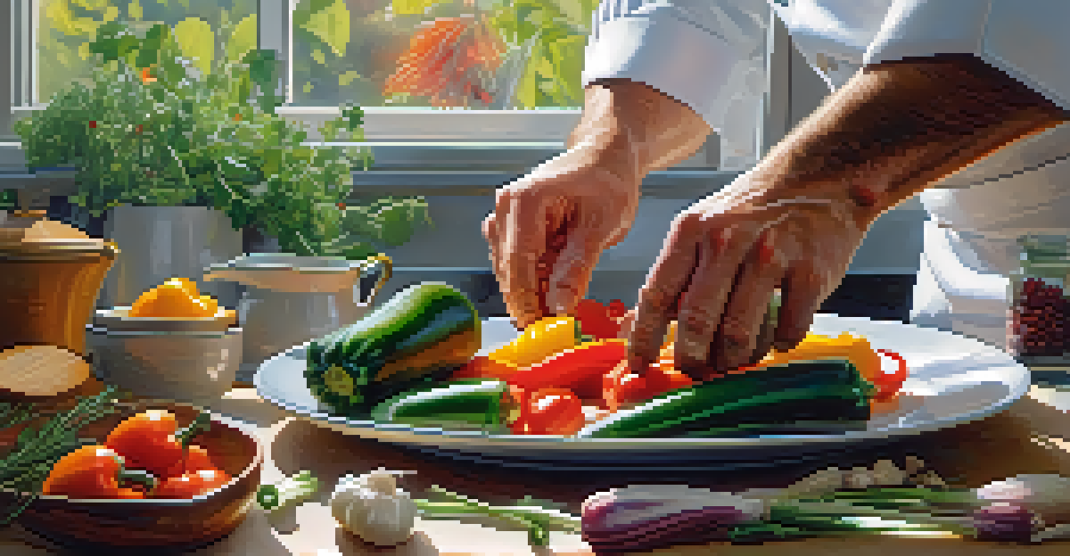A chef preparing fresh vegetables in a modern kitchen, with vibrant colors and natural light illuminating the scene.