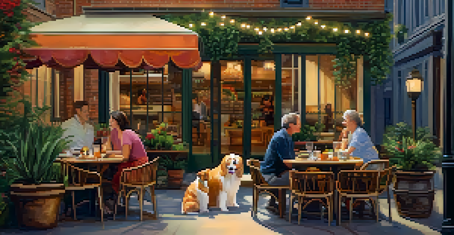 A couple dining at a pet-friendly restaurant patio with their small dog sitting on a chair beside them, surrounded by vibrant plants.