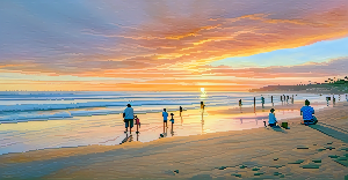 A beautiful sunrise at La Jolla Shores beach with families enjoying the sand and waves.