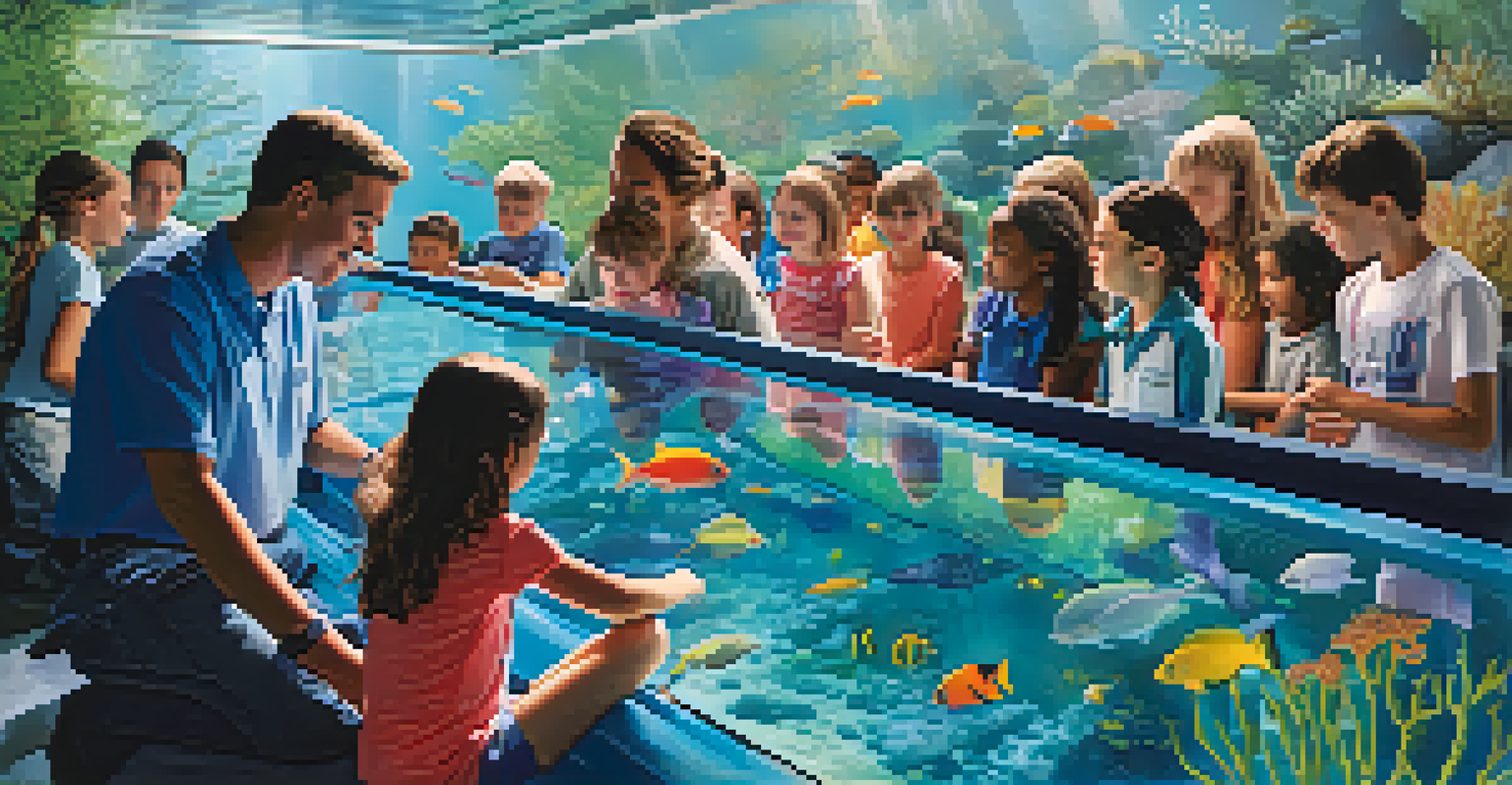 Children and families at the Birch Aquarium, observing marine life through glass tanks, with an educator explaining marine ecosystems in a bright, colorful setting.