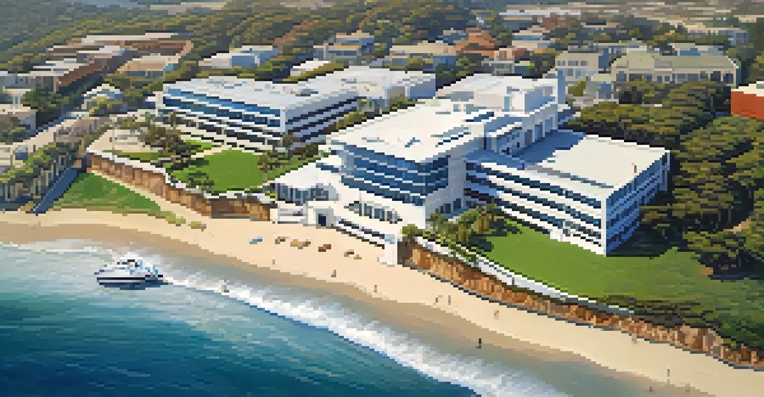 Aerial view of the Scripps Institution of Oceanography, featuring a modern building by the coast, surrounded by greenery and ocean waves, against a clear blue sky.